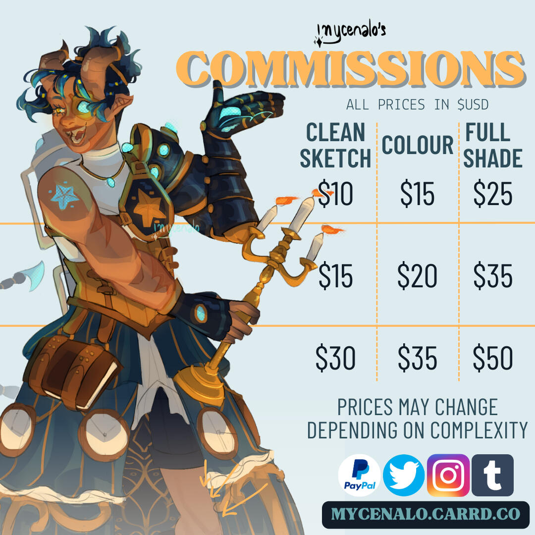 All prices in USD. Clean sketch: Bust ($10), half ($15), full ($30). Colour: Bust ($15), half ($20), full ($35). Full shade: Bust ($25), half ($35), full ($50). Prices may change depending on complexity.